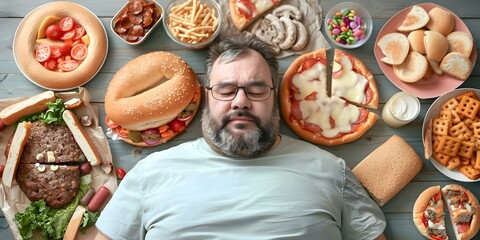The title "Obese man surrounded by junk food highlights obesity and poor nutrition issue" can be changed to "Illustrating the issue of obesity and poor nutrition with an image of an obese man surroun