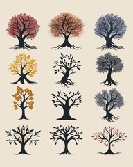 A set of 12 minimal tree illustrations, each representing a different season or type of tree