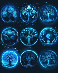 A collection of glowing blue tree icons.