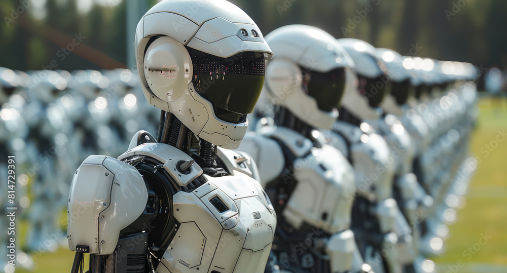 Aufkleber A group of robots are lined up in a straight row, showcasing their mechanical precision and uniformity.