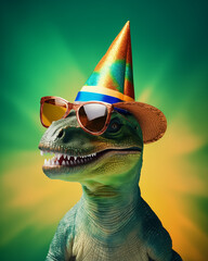  A cute dinosaur wearing sunglasses and a party hat with a simple background featuring a green to yellow gradient. Minimal birthday idea