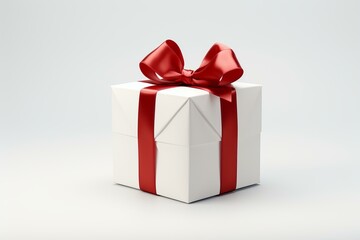 Elegant white gift box tied with a glossy red ribbon, isolated on a clean white background