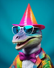 A cool dinosaur wearing sunglasses and a colorful party hat, a bow tie, and a jacket with rainbow colors against a simple background in the style of pop art. Minimal birthday idea
