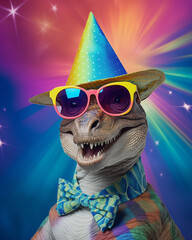 Anthropomorphic dinosaur wearing sunglasses and having fun at his birthday party. He is wearing a bow tie and a cone hat. Background glowing in rainbow colors. Funny birthday card