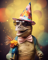 Anthropomorphic dinosaur with glasses and a party hat holding flowers on vibrant background with bokeh effect and golden light. Funny birthday card design