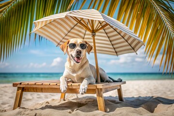 A happy dog on the beach in sunglasses is lying on a wooden chaise longue. The concept of a holiday...