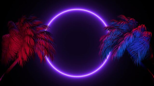 Flickering neon circle frame with red and blue palm tree on different sides of the screen on transparent alpha channel background in a seamless loop.