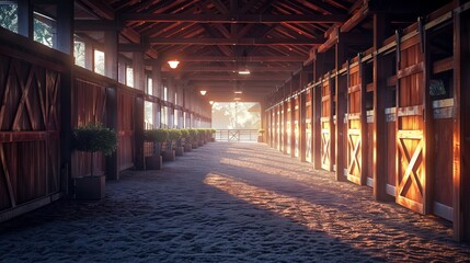 Peaceful morning in a well-maintained horse barn.