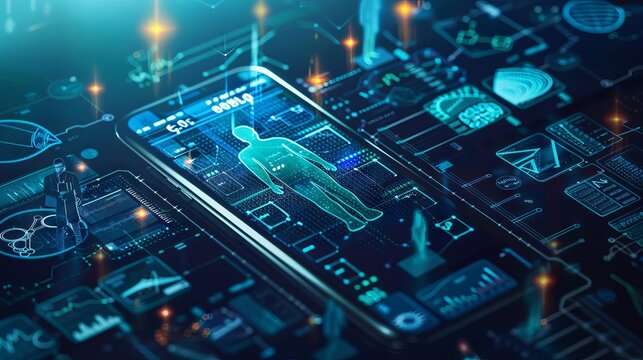A conceptual image showing a patient monitoring their health data through a blockchainenabled mobile app