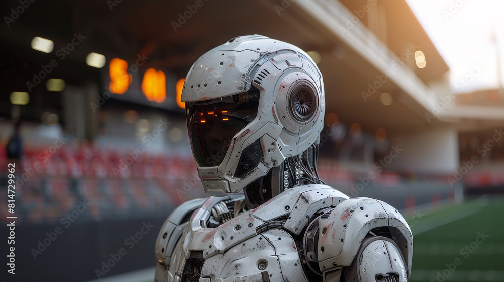 Poster a humanoid robot gazes across an empty stadium in the soft light of evening.