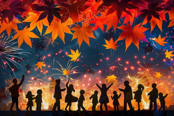 Vibrant Autumn Festival Scene with Fireworks and Children's Silhouettes