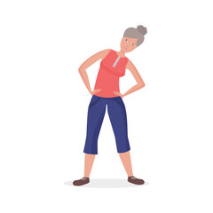 Elderly woman doing sports exercise, bending for back health vector illustration