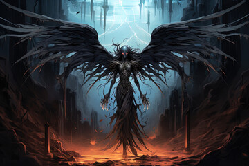 Dark seraph guardian in the front of an infernal gate.