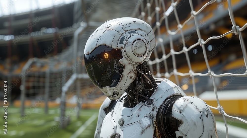 Poster a robotic figure stands as a goalkeeper, set against the backdrop of an empty stadium.
