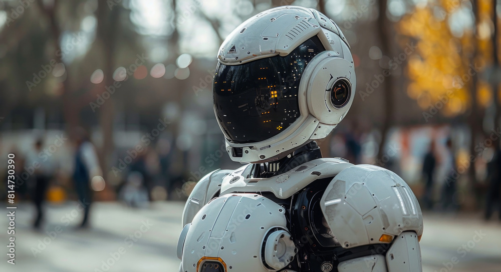 Poster a white robot standing motionless on an urban street, showcasing its futuristic design and technolog