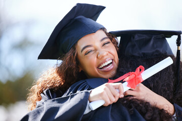 College, hug and women at graduation in park, outdoor campus event with diploma and success....