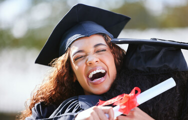 University, hug and women at graduation in park, outdoor campus event with diploma and success....