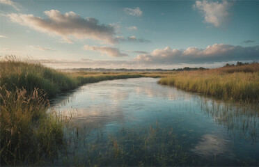 Fototapeta premium A landscape with a soft pastel color palette, featuring a variety of textures such as wispy clouds, velvety grass, and shimmering, Generative AI