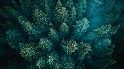 An aerial view of a coniferous forest from above. The trees are densely packed together and the ground is covered in a thick layer of moss. The forest is shrouded in a thick mist.