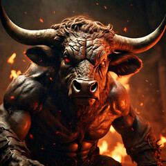 Portrait of  the Minotaur In Greek mythology with fire.  humanoid angry powerful bull with big horns on the background of fire.