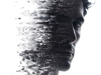 A black and white double exposure half profile glitch portrait of a man