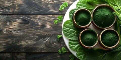 Bird's Eye View of Spirulina Powder on White Table, a Natural Supplement. Concept Spirulina Powder, Bird's Eye View, White Table, Natural Supplement, Photography