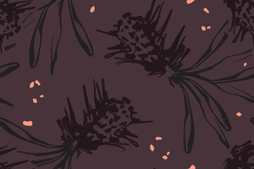 Abstract botanical pattern, pineapple bloom bouquet. Exotic plant foliage, vintage print. Linecut woodcut design tropical decorative nature pattern
