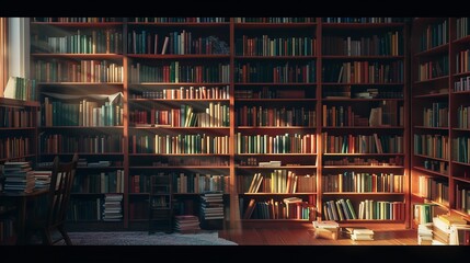 Books are on the Bookshelf. A Big Library. Home.

