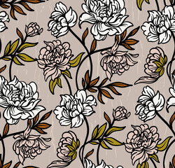 Peony seamless floral pattern background. Linecut botanical print. 
