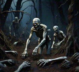spooky Halloween scene with skeleton in the scary forest