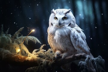 Enchanting snowy owl perched on branch with glowing wand under starry night sky
