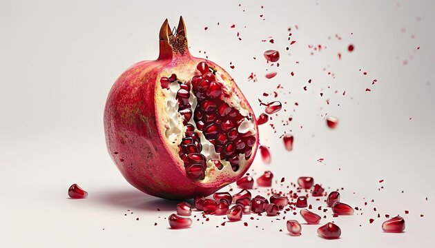 A cut open pomegranate with seeds spilling out, capturing the vibrant red contrast against the white background