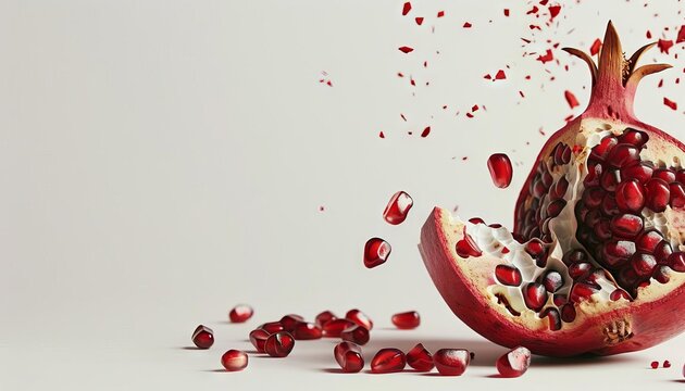 A cut open pomegranate with seeds spilling out, capturing the vibrant red contrast against the white background