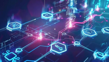 A detailed depiction of a blockchain transaction in progress with medical data being encrypted and transferred securely between providers