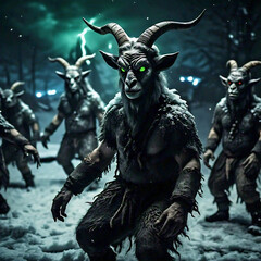 An army of humanoid demons with goat heads marches through a winter forest to attack