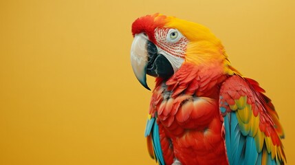 Fototapeta premium A colorful macaw on a clean yellow background