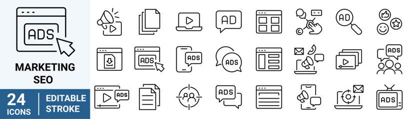 Marketing and Seo line web icons Digital marketing. Containing seo, content, website, social media. Editable stroke.