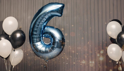 Number 6 silver balloon birthday celebration decoration with bokeh lights. Anniversary greeting card with number six