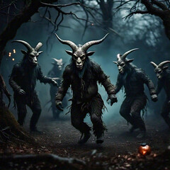 An army of humanoid demons with goat heads marches through  a drak forest to attack