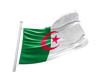 Algeria waving flag with mast on white background with cutout path.