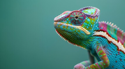 A colorful chameleon on a clean green background - Powered by Adobe