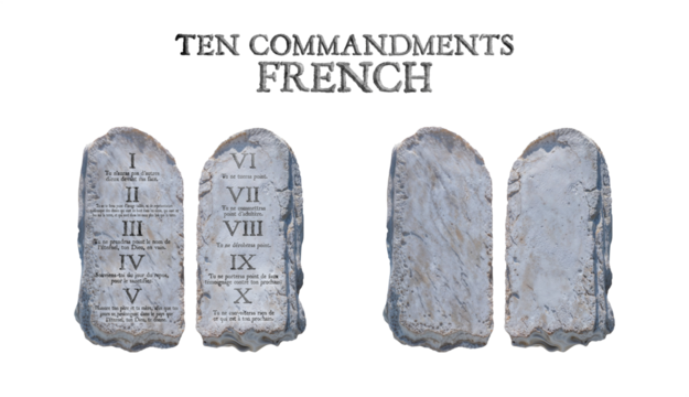 The Ten Commandments in FRENCH. Stone table with and without the commandments. Isolated transparent background PNG.