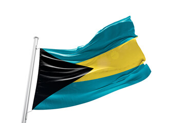 The Bahamas waving flag with mast on white background with cutout path.
