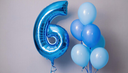 Number 6 blue birthday balloon party decoration. Anniversary celebration greeting card.