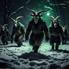 An army of humanoid demons with goat heads marches through a winter forest to attack