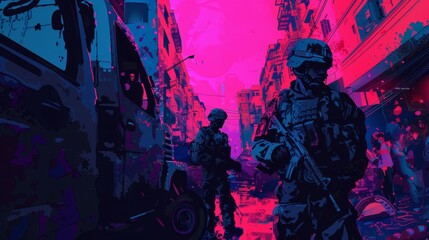 Vector art of military coercion in a Rakhine statelike setting, depicted in a dramatic and vibrant cyberpunk style
