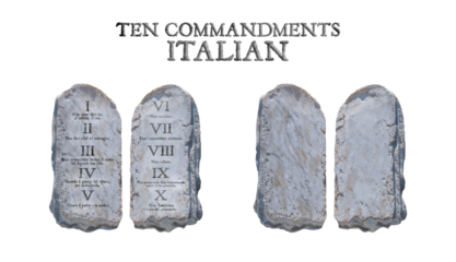 The Ten Commandments in ITALIAN. Stone table with and without the commandments. Isolated transparent background PNG.