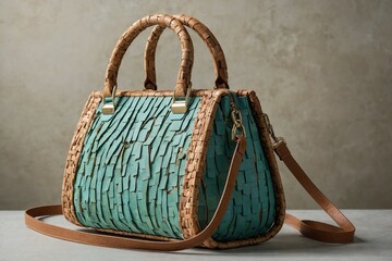 a handbag inspired by the colors and textures of the natural world, using materials like cork, bamboo, or woven straw