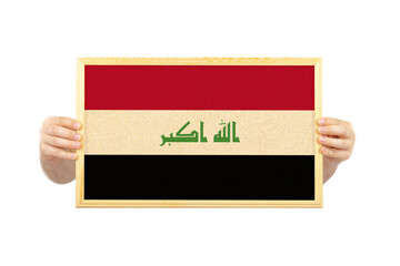 Hands holding a white frame with Iraq flag, banner idea, protest or social issues in Iraq