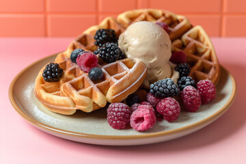 waffles with berries and cream, A delectable plate adorned with tasty waffles, fresh berries, and a generous scoop of creamy ice-cream, set against a vibrant color background